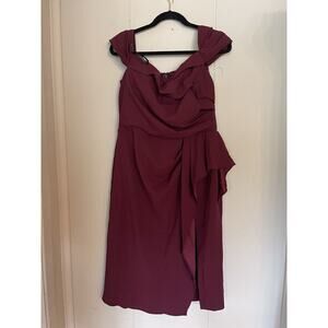 BETSY & ADAM Off The Shoulder Burgundy Side Ruffle Short Dress 16 NWOT
